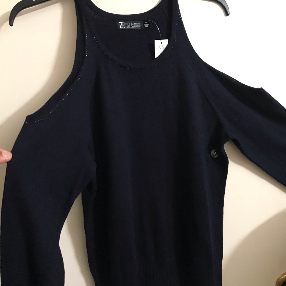 NY&C Dark Blue Cold Shoulder Sweater with rhinestones